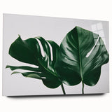 Acrylic glass wall art showcasing a vibrant monstera leaf botanical design, displayed from a side view, emphasizing its sleek finish and modern aesthetic. Perfect for adding a touch of nature-inspired decor to any room.