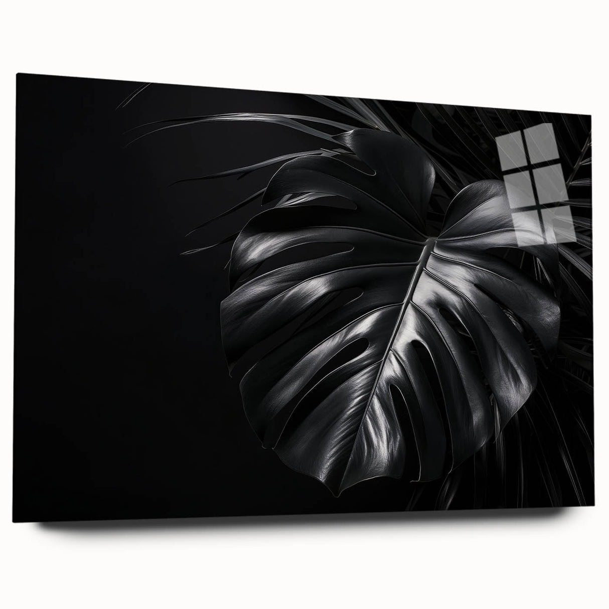 Acrylic glass wall art featuring a vibrant botanical Monstera design, showcasing lush green leaves against a clear background. Perfect for modern decor.