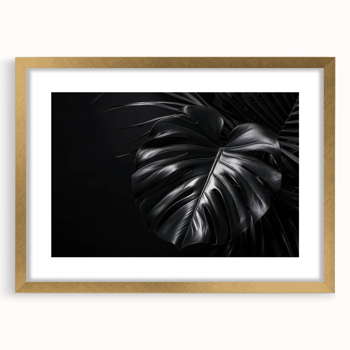 Framed botanical wall art featuring a Monstera plant design, showcasing vibrant green leaves and a gold frame, ideal for home decor and nature lovers.