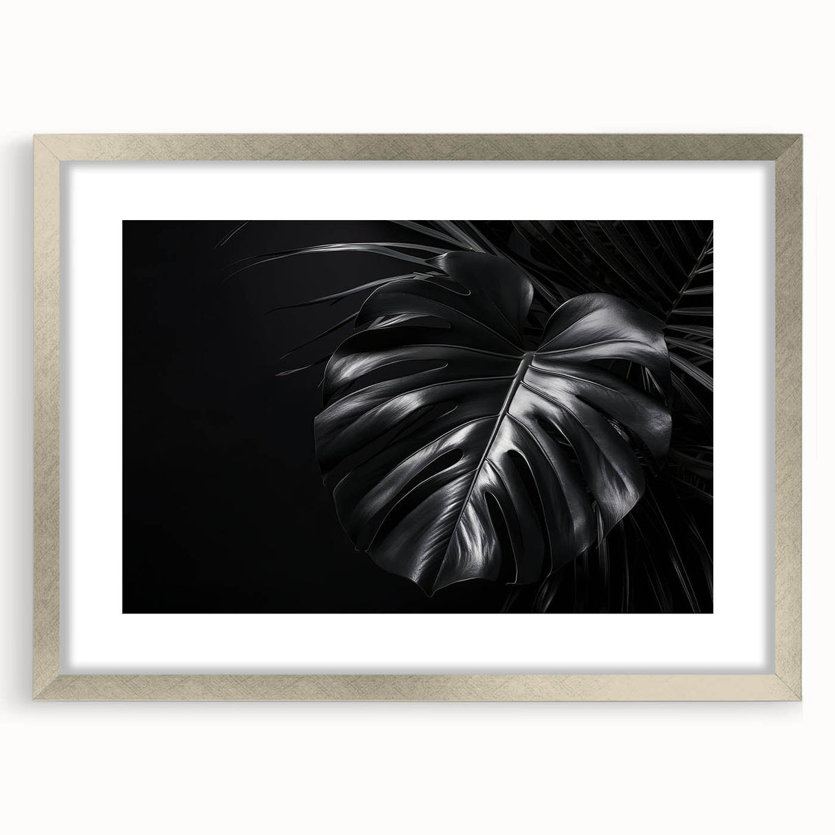 Botanical wall art featuring a vibrant Monstera leaf design in a sleek silver frame with a white mat, perfect for enhancing modern home decor and adding a touch of nature.