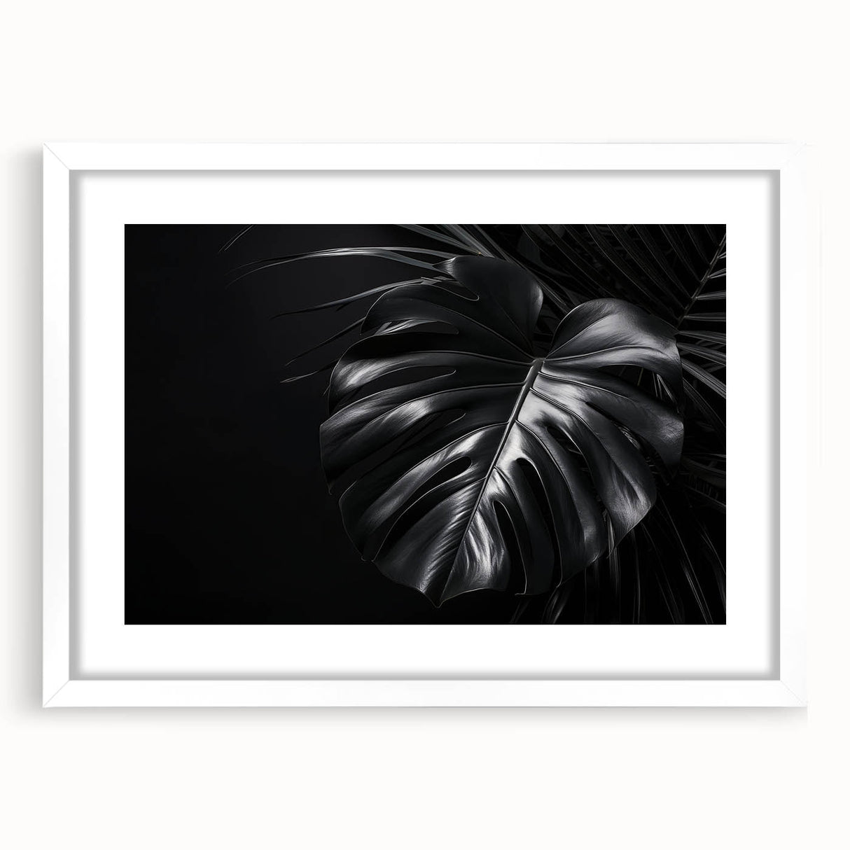 Botanical wall art featuring a Monstera design in a sleek white frame with a matte finish, ideal for modern home decor and nature-inspired interiors.