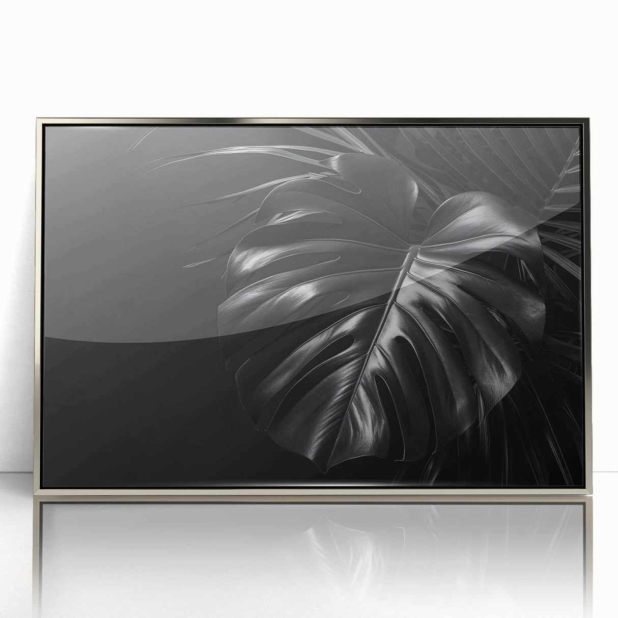 Framed botanical wall art featuring a vibrant Monstera plant design, showcased in a sleek silver frame, ideal for modern home decor and nature enthusiasts.
