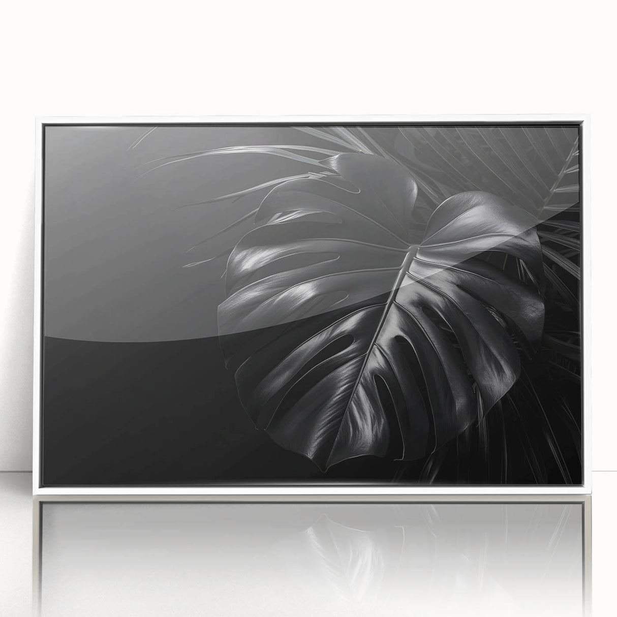 Framed wall art featuring a vibrant botanical Monstera design on a white background, showcasing lush green leaves and intricate details, perfect for home decor.