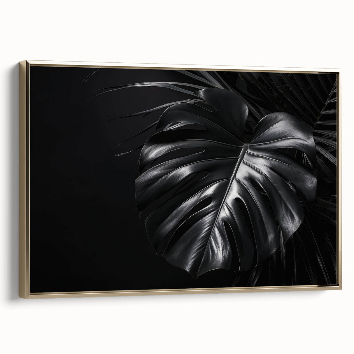 Framed wall art featuring a botanical monstera design with vibrant green leaves on a textured canvas. The gold frame adds elegance, perfect for home decor.