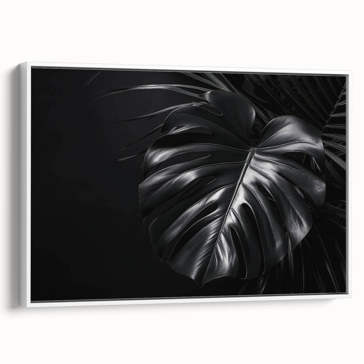 Framed wall art featuring a botanical design of a Monstera plant, set against a white background, showcasing lush green leaves for vibrant home decor. Ideal for nature-inspired interiors.