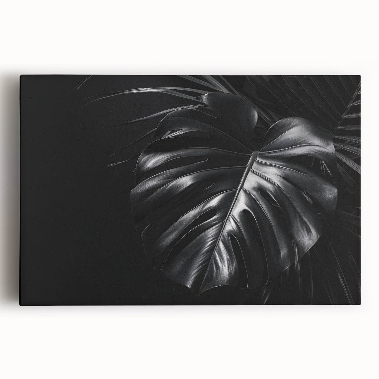 Stretched canvas wall art featuring a vibrant botanical Monstera design, showcasing lush green leaves against a neutral background, perfect for home decor.