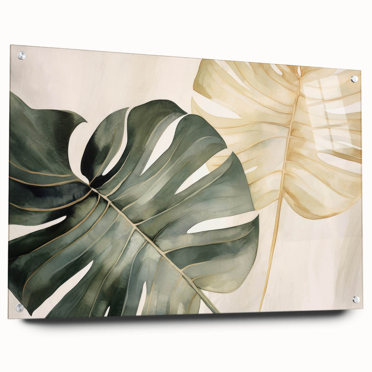 Acrylic glass wall art featuring a vibrant Monstera plant design in a botanical style, displayed side view with decorative pins, ideal for modern home decor.