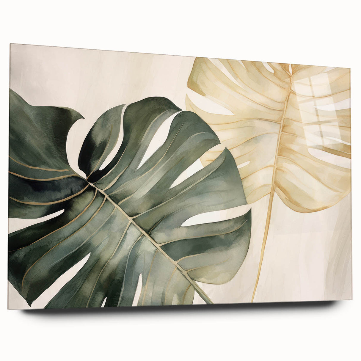 Acrylic glass wall art showcasing a botanical Monstera design in vibrant green hues, elegantly displayed from a side view, perfect for modern decor.