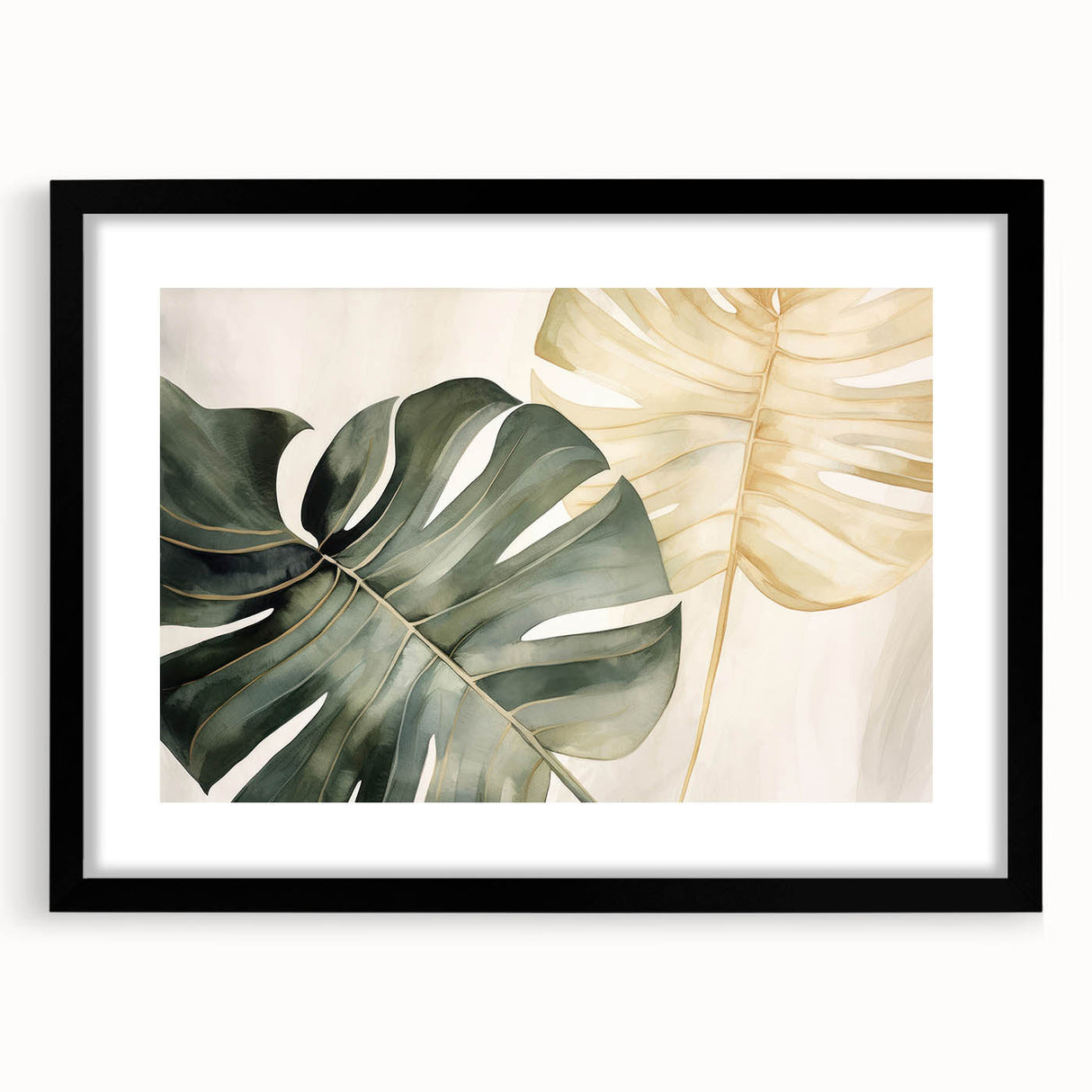 Botanical wall art featuring a Monstera plant design, framed in black with a mat, showcasing vibrant green leaves against a minimalist background, perfect for home decor.