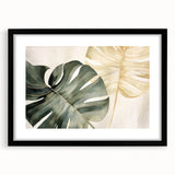 Botanical wall art featuring a Monstera plant design, framed in black with a mat, showcasing vibrant green leaves against a minimalist background, perfect for home decor.