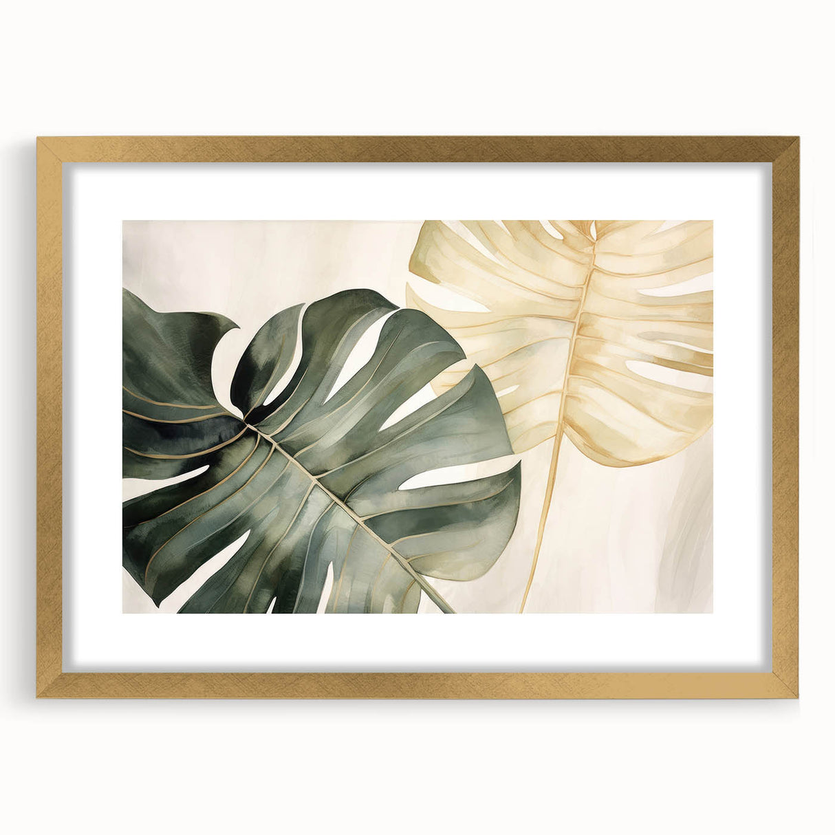 Botanical wall art featuring a gold-framed Monstera design with a mat, showcasing vibrant green leaves against a neutral background, ideal for modern decor.
