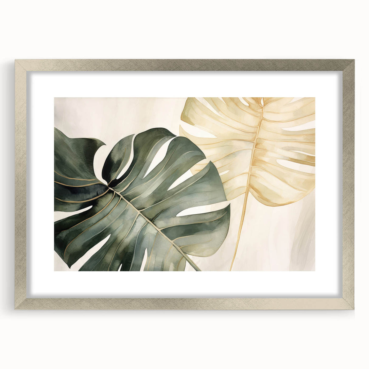 Framed botanical wall art showcasing a Monstera leaf design in vibrant green, set against a textured white background with a silver mat, ideal for modern decor.