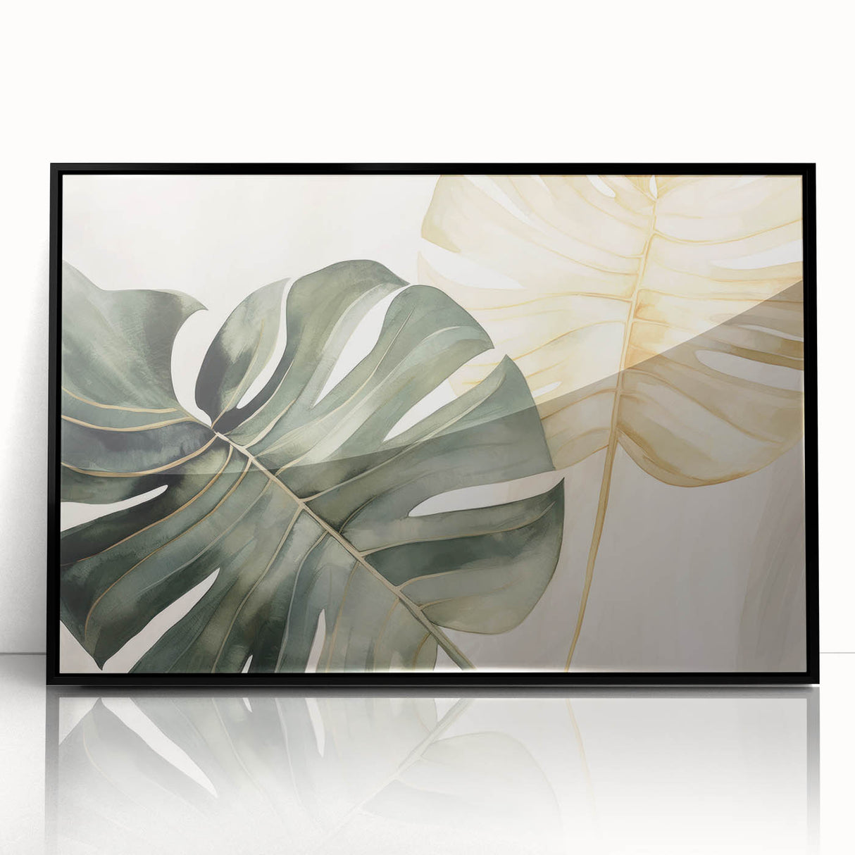 Framed wall art featuring a botanical monstera design on an acrylic surface, showcasing vibrant green leaves against a sleek black frame, ideal for modern home decor.