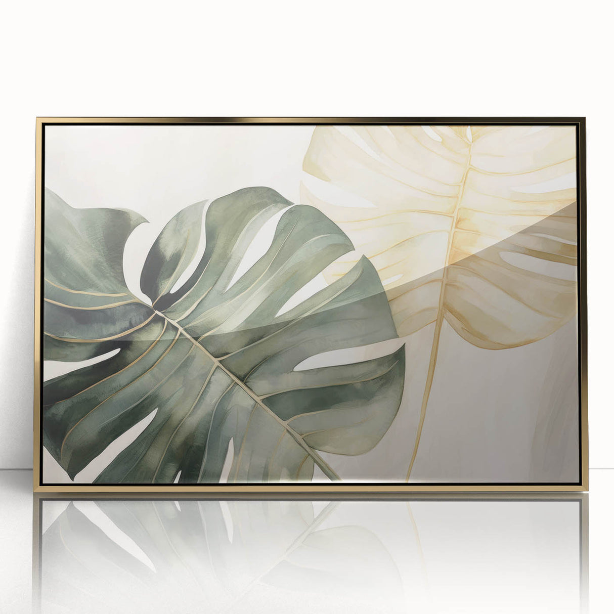 Framed botanical wall art featuring a Monstera leaf design in vibrant green tones, set against a gold acrylic frame, perfect for modern home decor.