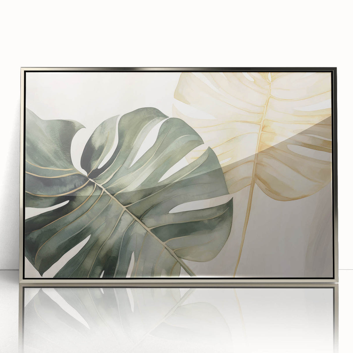 Framed acrylic wall art showcasing a vibrant monstera plant design with a botanical theme, featuring a sleek silver frame, ideal for modern home decor.