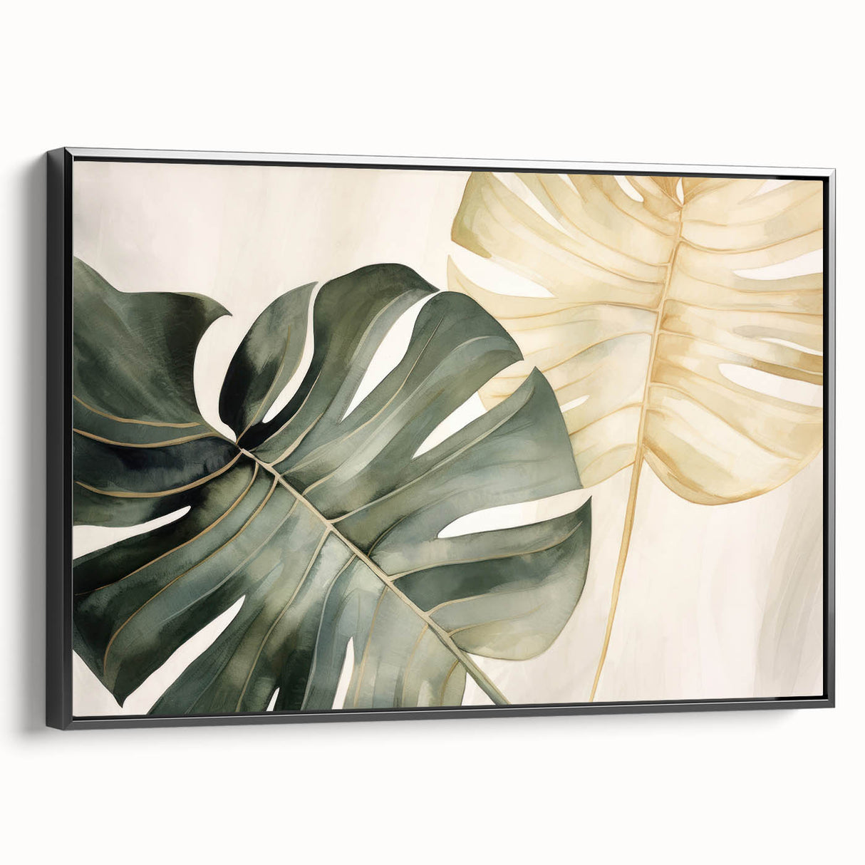 Framed botanical wall art featuring a Monstera plant design, presented in a sleek black frame with a side view showcasing its textured canvas surface. Ideal for modern home decor.