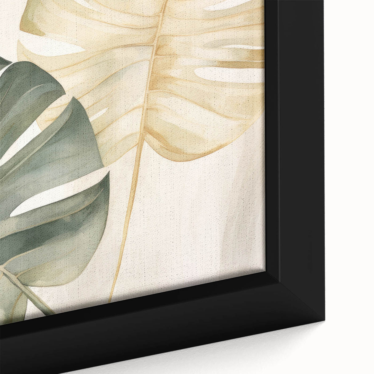 Close-up of a framed canvas wall art piece showcasing a vibrant monstera leaf design, featuring rich green hues and intricate botanical details, perfect for home decor.
