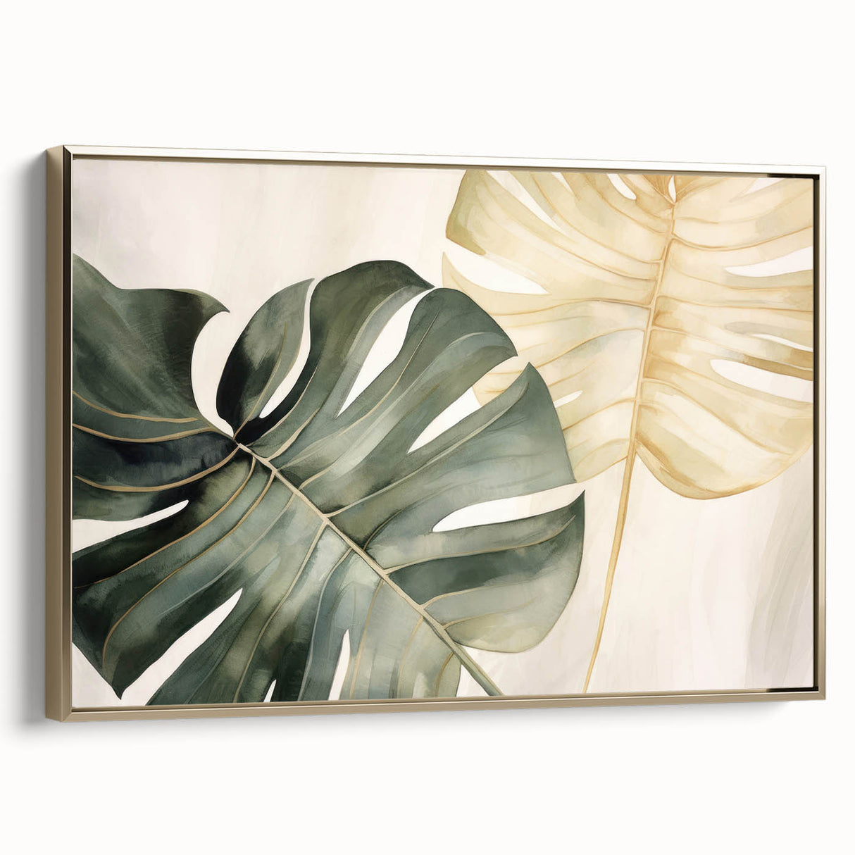 Framed wall art featuring a botanical design of Monstera leaves in vibrant green and gold accents, ideal for modern home decor, showcasing a stylish side view.