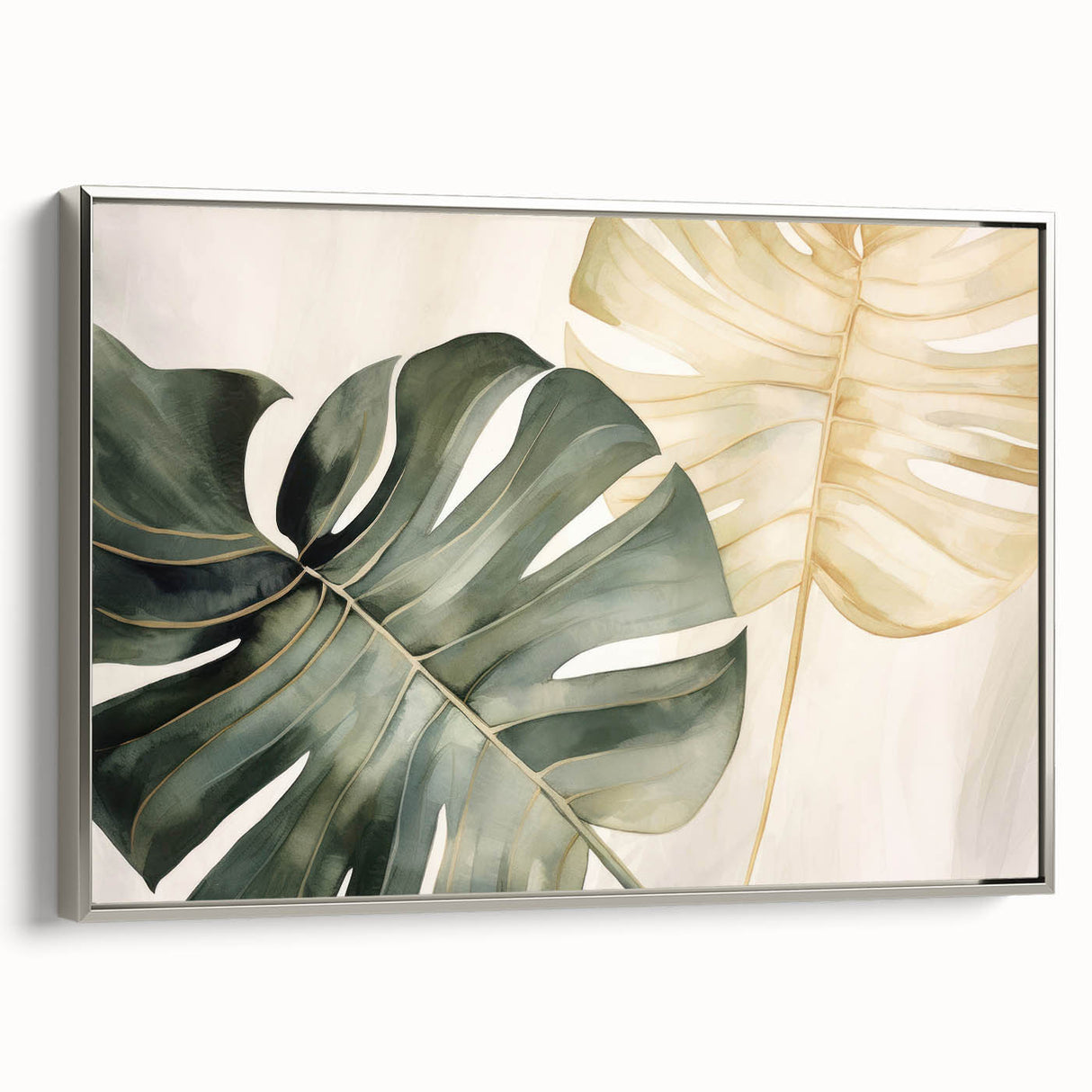 Framed botanical wall art showcasing a vibrant Monstera leaf design with a silver border, ideal for modern home decor. The canvas adds a fresh, tropical vibe to any room.