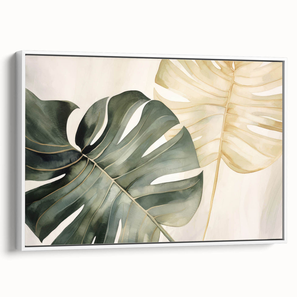 Framed wall art showcasing a botanical Monstera design on canvas, featuring lush green leaves against a white background, ideal for modern home decor.