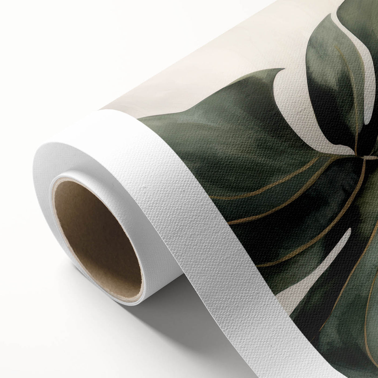 Botanical wall art design showcasing a vibrant monstera leaf illustration on rolled canvas, perfect for adding a tropical flair to home decor.