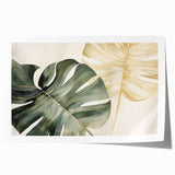 Botanical wall art print showcasing a vibrant monstera leaf design in green and white colors, rolled for easy display and shipping, perfect for home decor.
