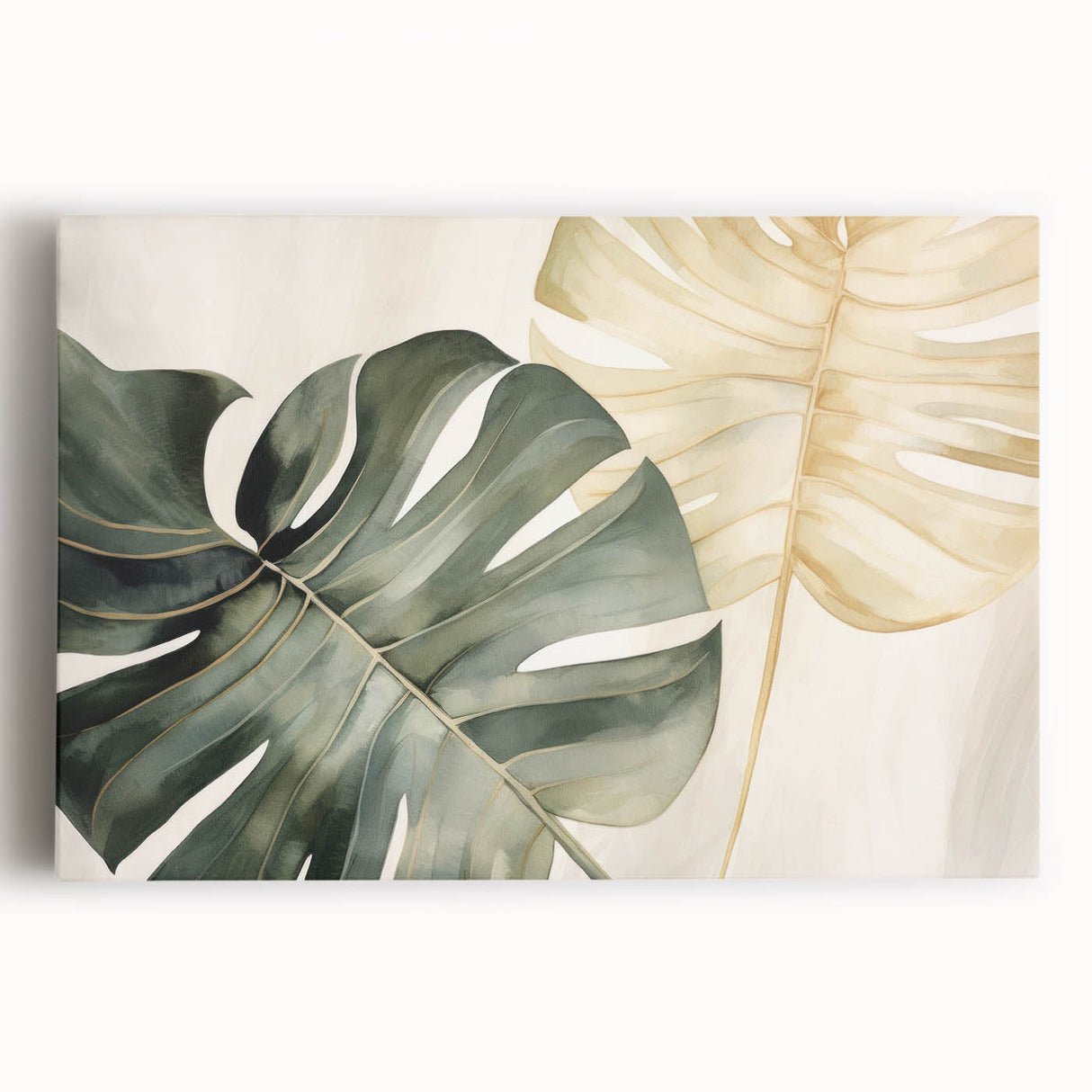 Vibrant botanical wall art featuring a Monstera plant design on stretched canvas, showcasing lush green leaves and intricate details, ideal for home decor enhancement.