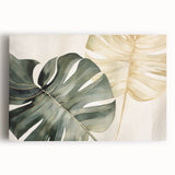 Vibrant botanical wall art featuring a Monstera plant design on stretched canvas, showcasing lush green leaves and intricate details, ideal for home decor enhancement.