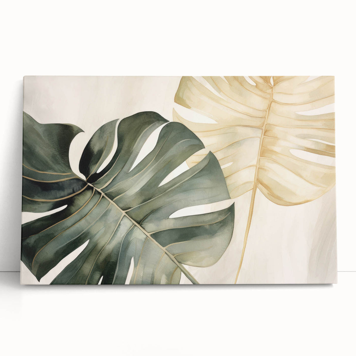 Botanical wall art featuring a vibrant Monstera leaf design on stretched canvas, elegantly leaning against a neutral backdrop, perfect for home decor enthusiasts.