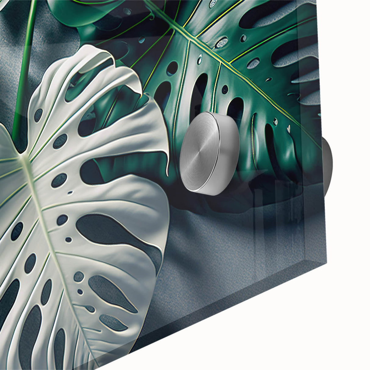 Close-up of a vibrant botanical wall art piece featuring a Monstera plant design, printed on acrylic glass, showcasing lush green colors and intricate leaf details. Ideal for nature-themed home decor, this artwork adds a fresh touch to any space.