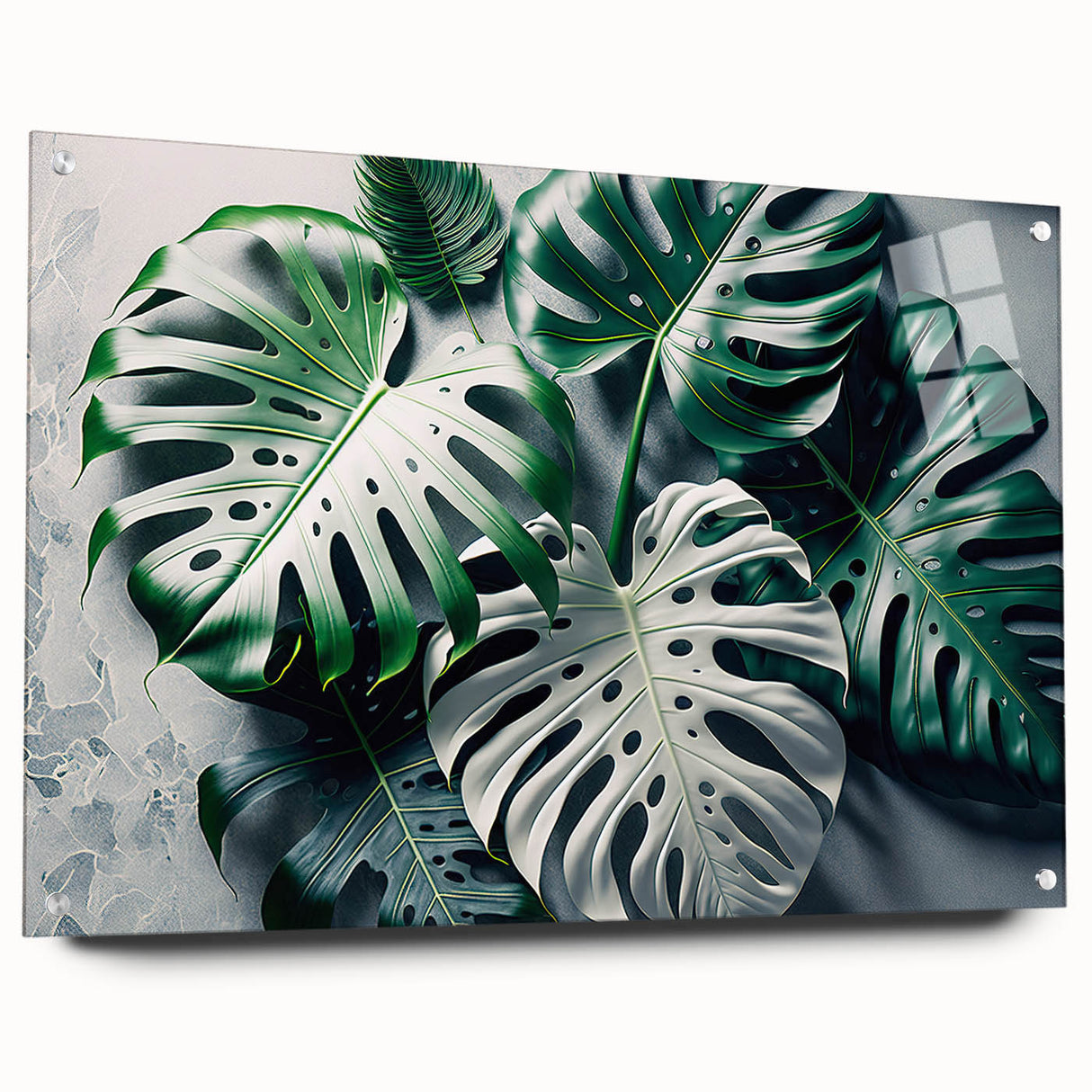 Acrylic wall art design showcasing a vibrant monstera plant illustration, displayed with decorative pins against a textured background, ideal for botanical decor enthusiasts.