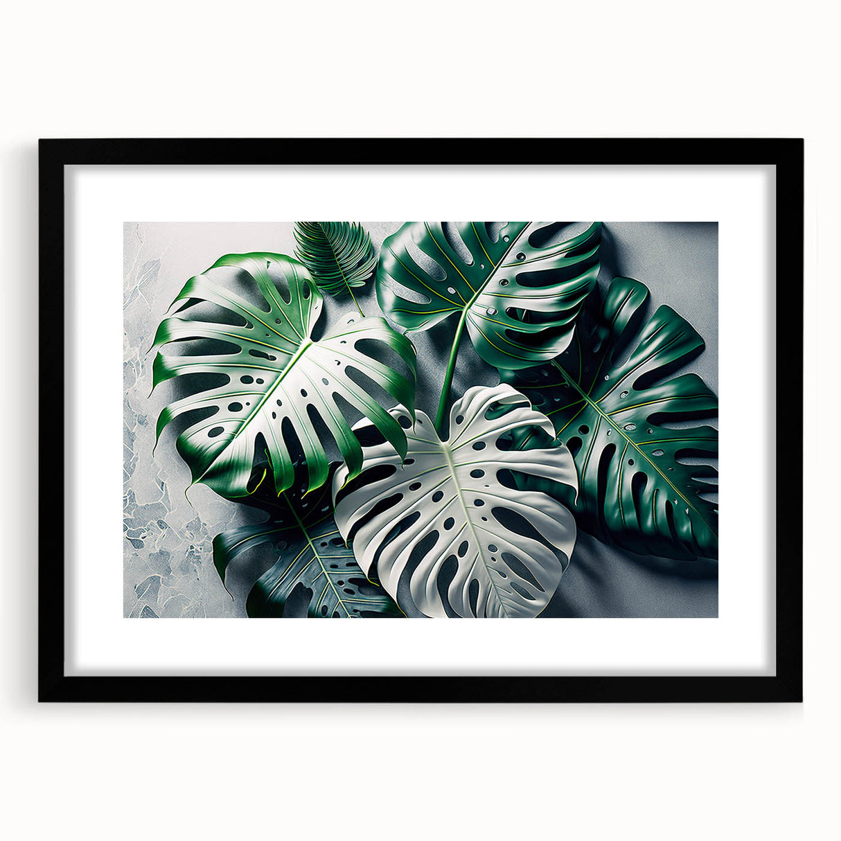 Framed botanical wall art featuring a Monstera leaf design, elegantly displayed with a black frame and white matting, perfect for modern home decor.