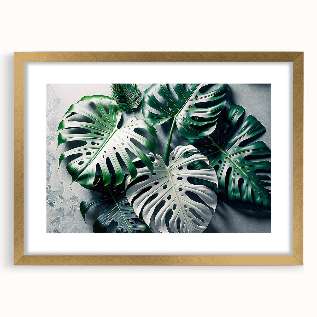 Botanical monstera wall art design framed in gold with a mat, showcasing vibrant green leaves and intricate details, perfect for home decor or art lovers.