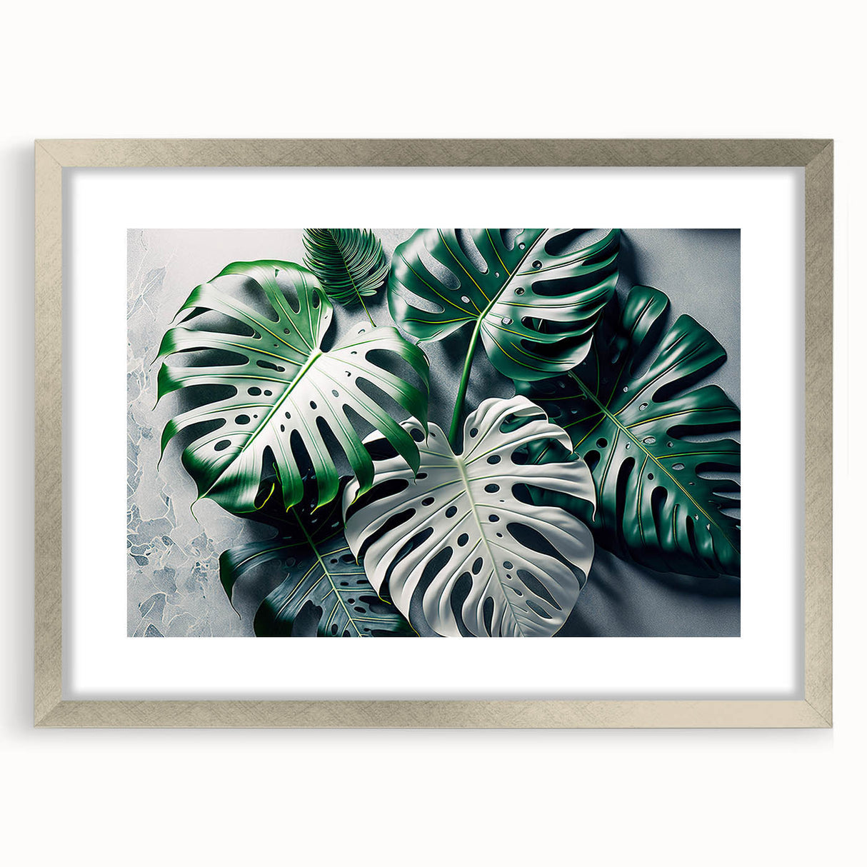 Botanical wall art collection featuring a framed Monstera design with a silver mat, showcasing vibrant green leaves against a neutral background, perfect for home decor.