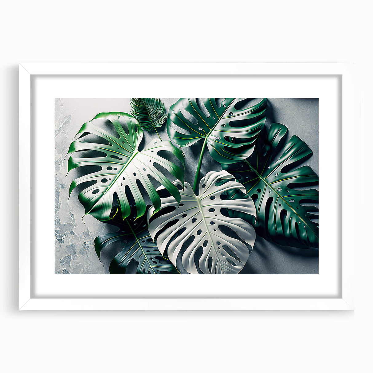 Botanical wall art collection featuring a framed Monstera plant design with a white mat, showcasing vibrant green leaves and elegant styling for modern decor.