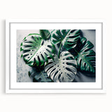 Botanical wall art collection featuring a framed Monstera plant design with a white mat, showcasing vibrant green leaves and elegant styling for modern decor.
