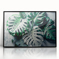 Framed wall art featuring a botanical design of Monstera leaves in vibrant green hues, set against a sleek black background, perfect for modern home decor.