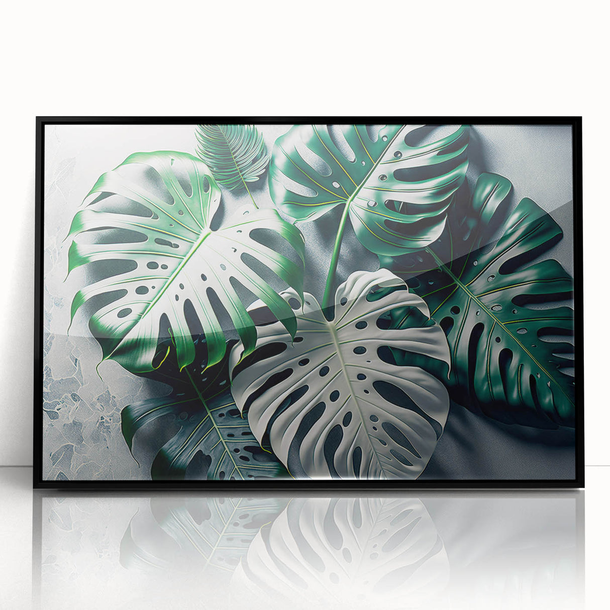 Framed wall art featuring a botanical design of Monstera leaves in vibrant green hues, set against a sleek black background, perfect for modern home decor.