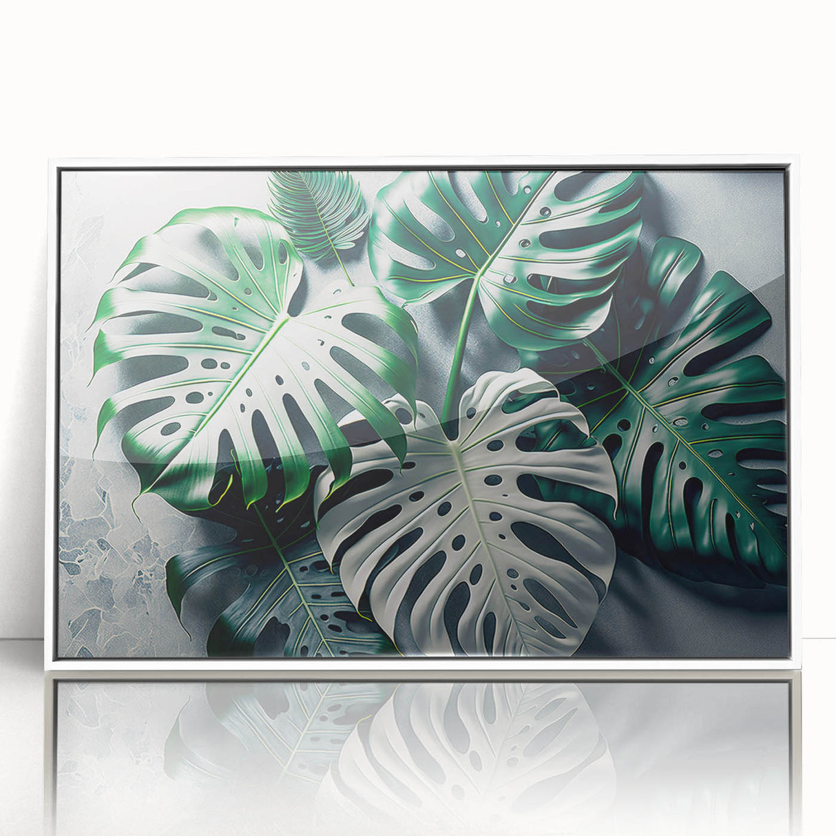 Framed wall art showcasing a vibrant botanical monstera design with lush green leaves against a white background, perfect for home decor and nature enthusiasts.