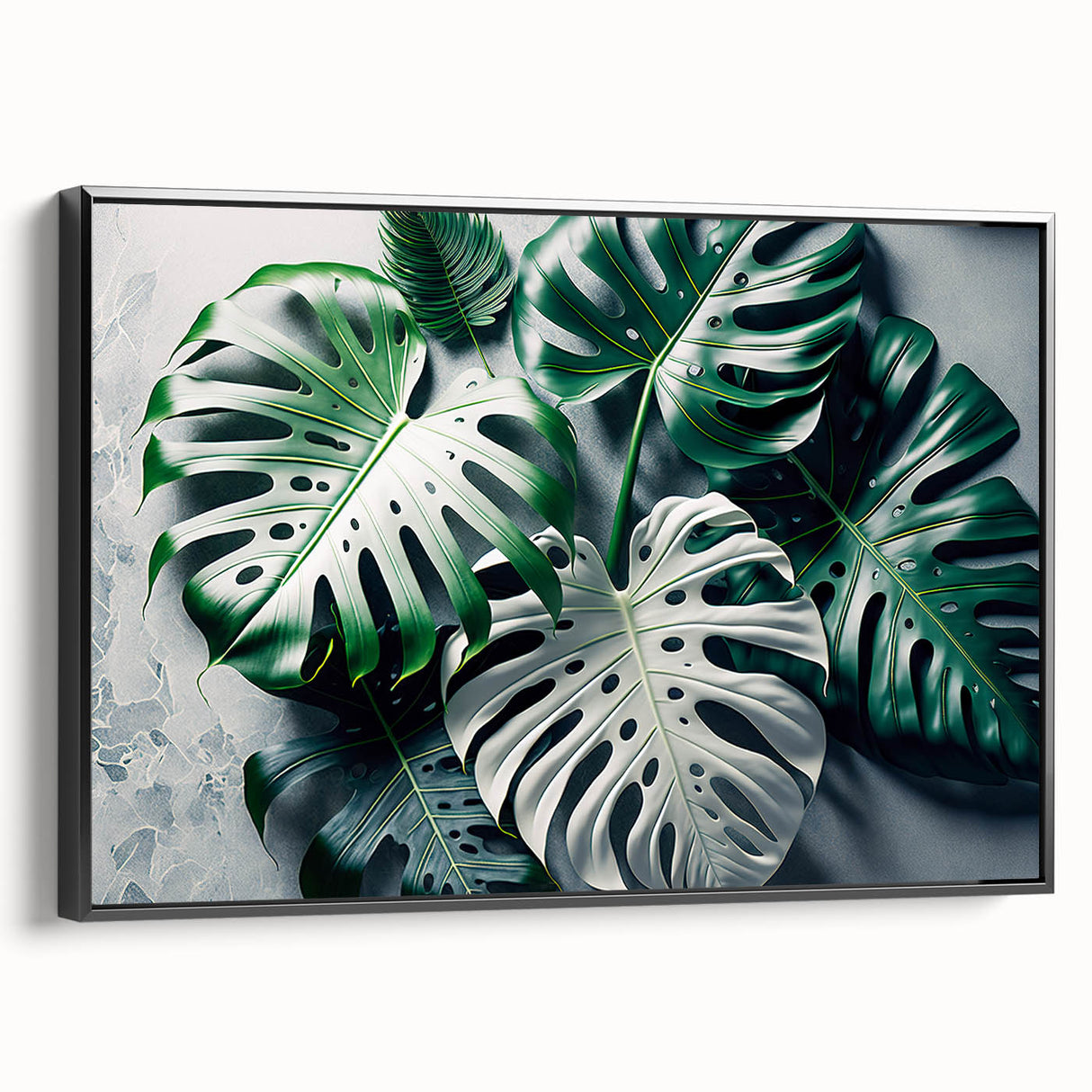 Framed botanical wall art featuring a Monstera leaf design on black canvas, showcasing vibrant green hues and elegant lines, perfect for modern decor accents.