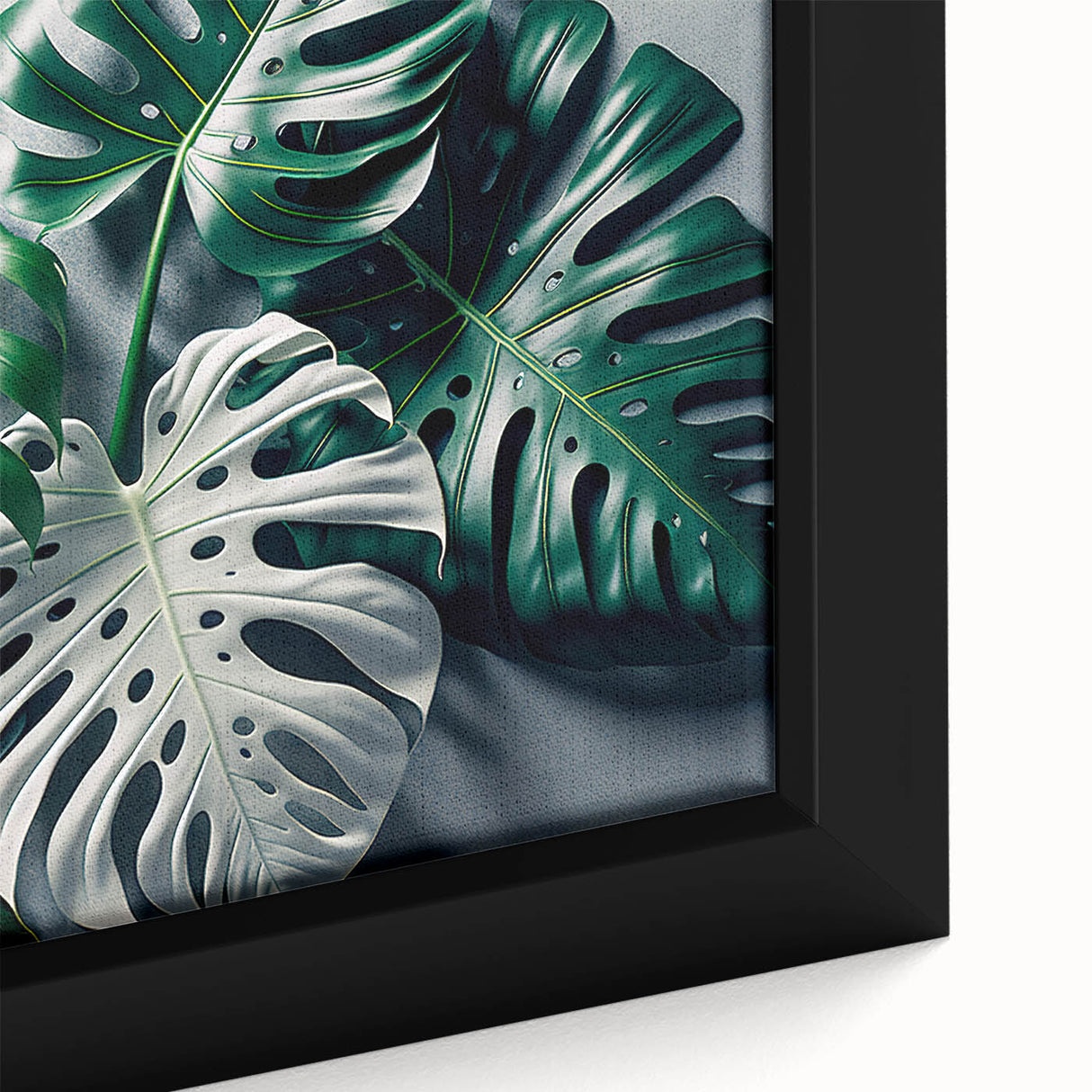 Framed botanical wall art featuring a close-up design of vibrant monstera leaves against a neutral backdrop, ideal for modern decor and nature lovers.
