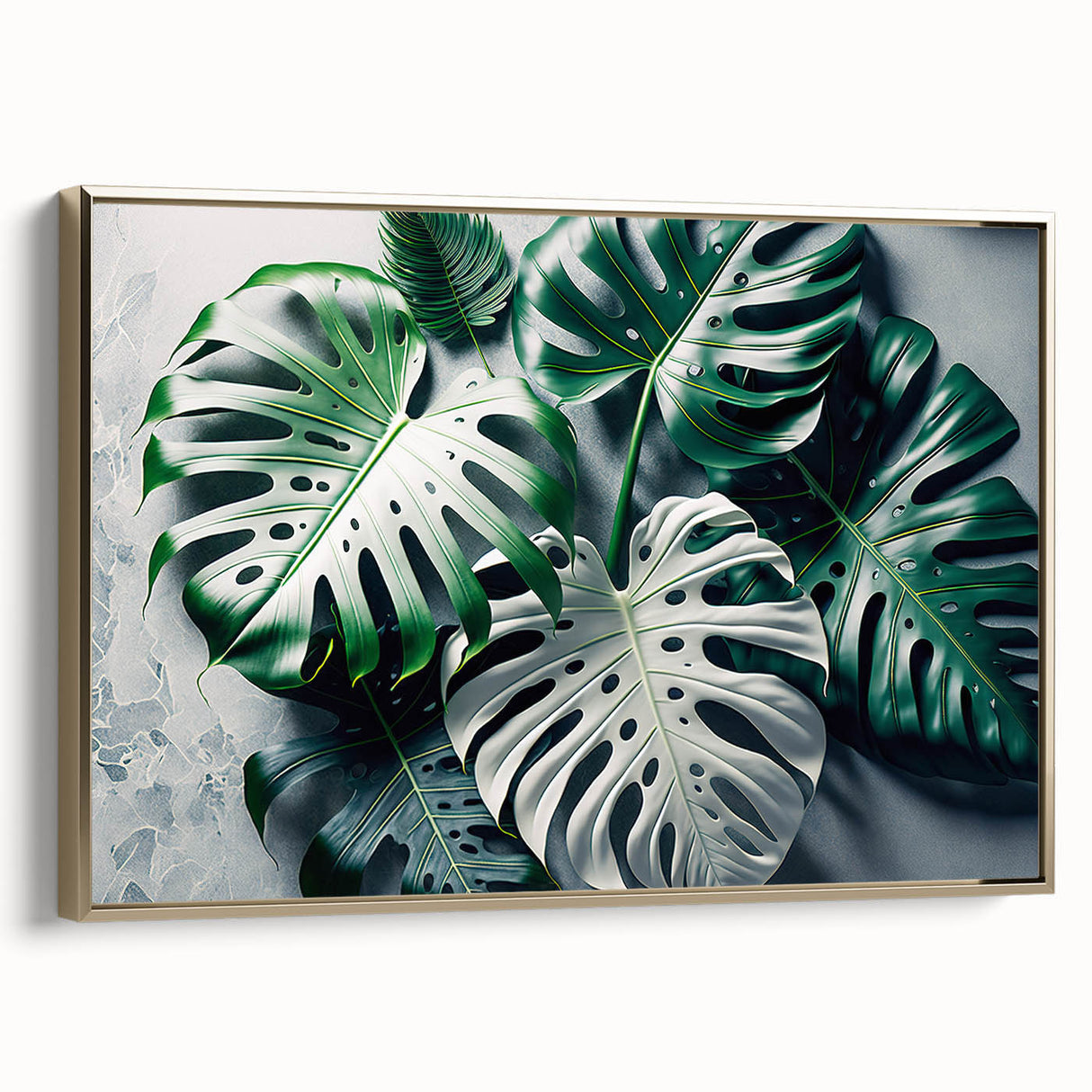 Framed canvas wall art featuring a botanical Monstera plant design in vibrant green hues, elegantly displayed with a gold frame, perfect for modern home decor.