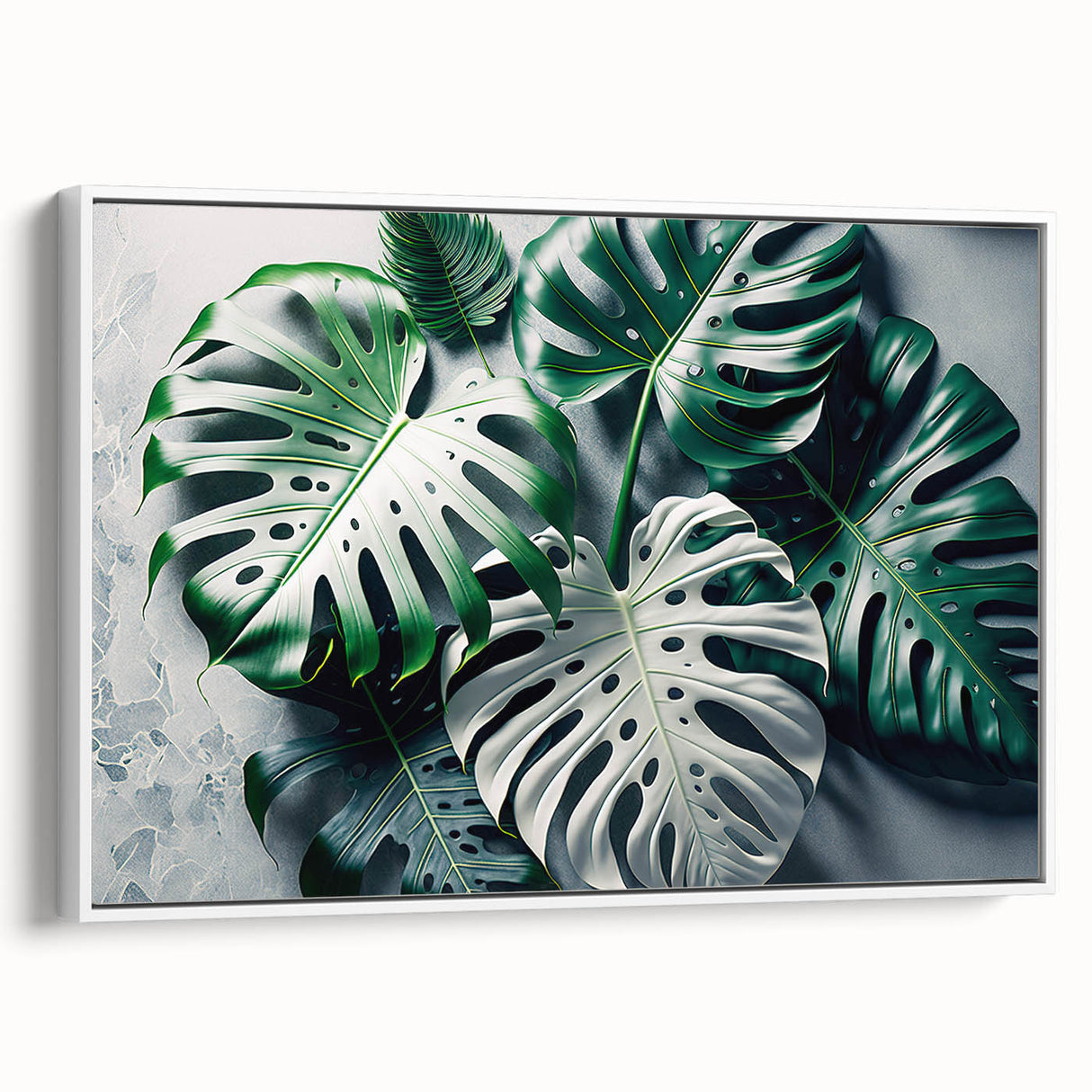 Framed canvas wall art featuring a botanical monstera design with vibrant green leaves against a white background, adding a modern touch to home decor.