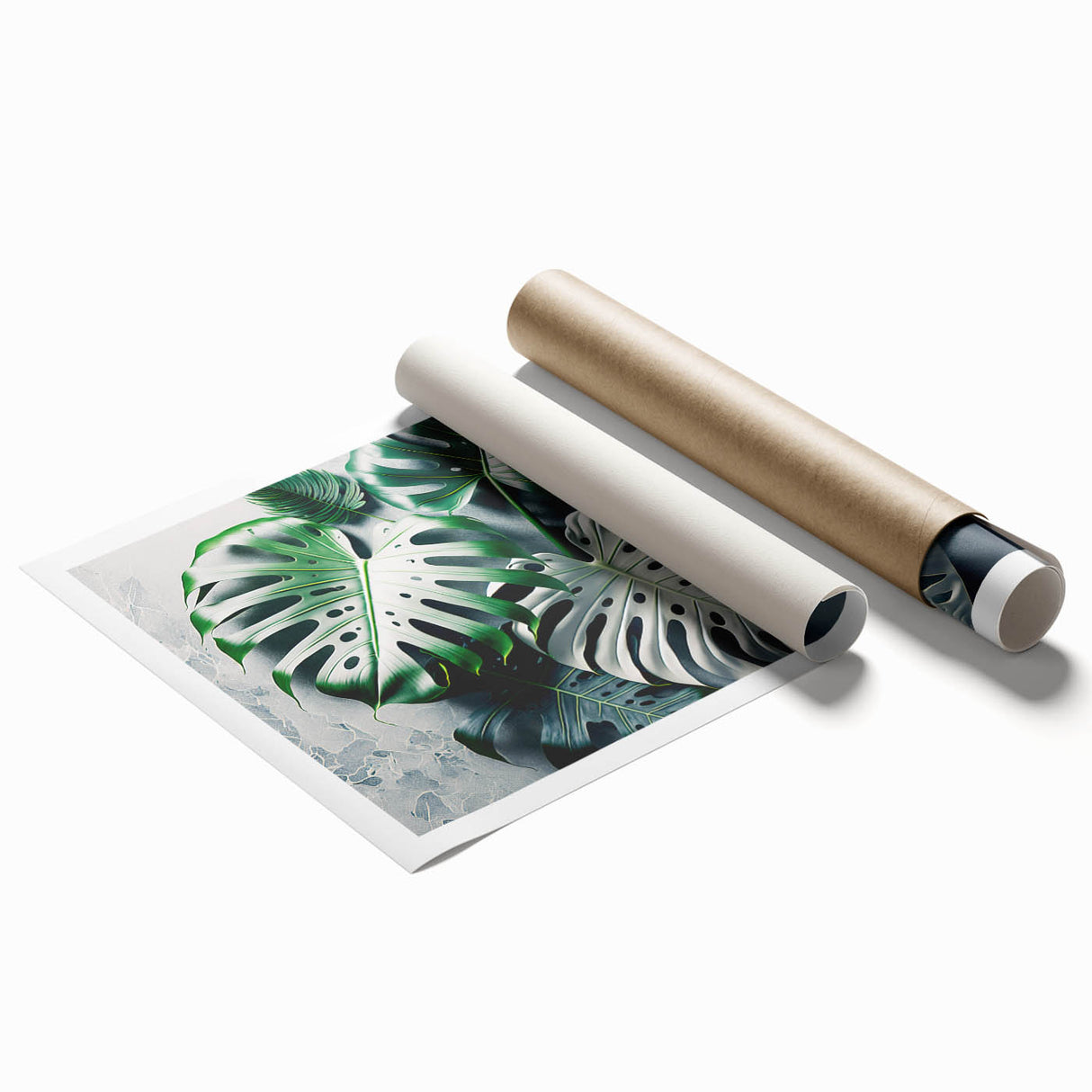 Botanical wall art print featuring a vibrant monstera leaf design in rich green tones, rolled and ready for framing, ideal for tropical-themed home decor.