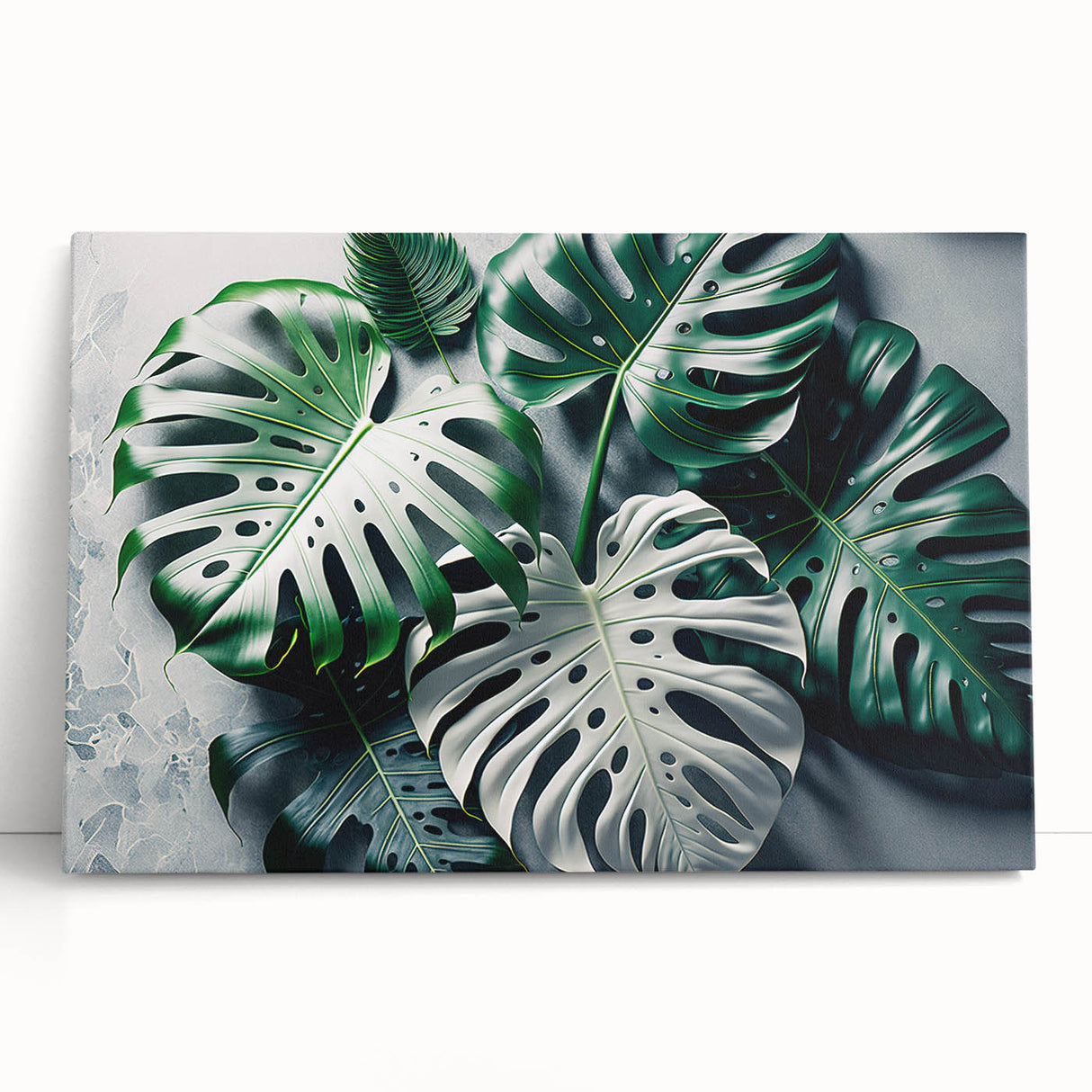 Botanical wall art featuring a vibrant Monstera leaf design on stretched canvas, elegantly leaning against a neutral-toned wall, perfect for modern home decor.