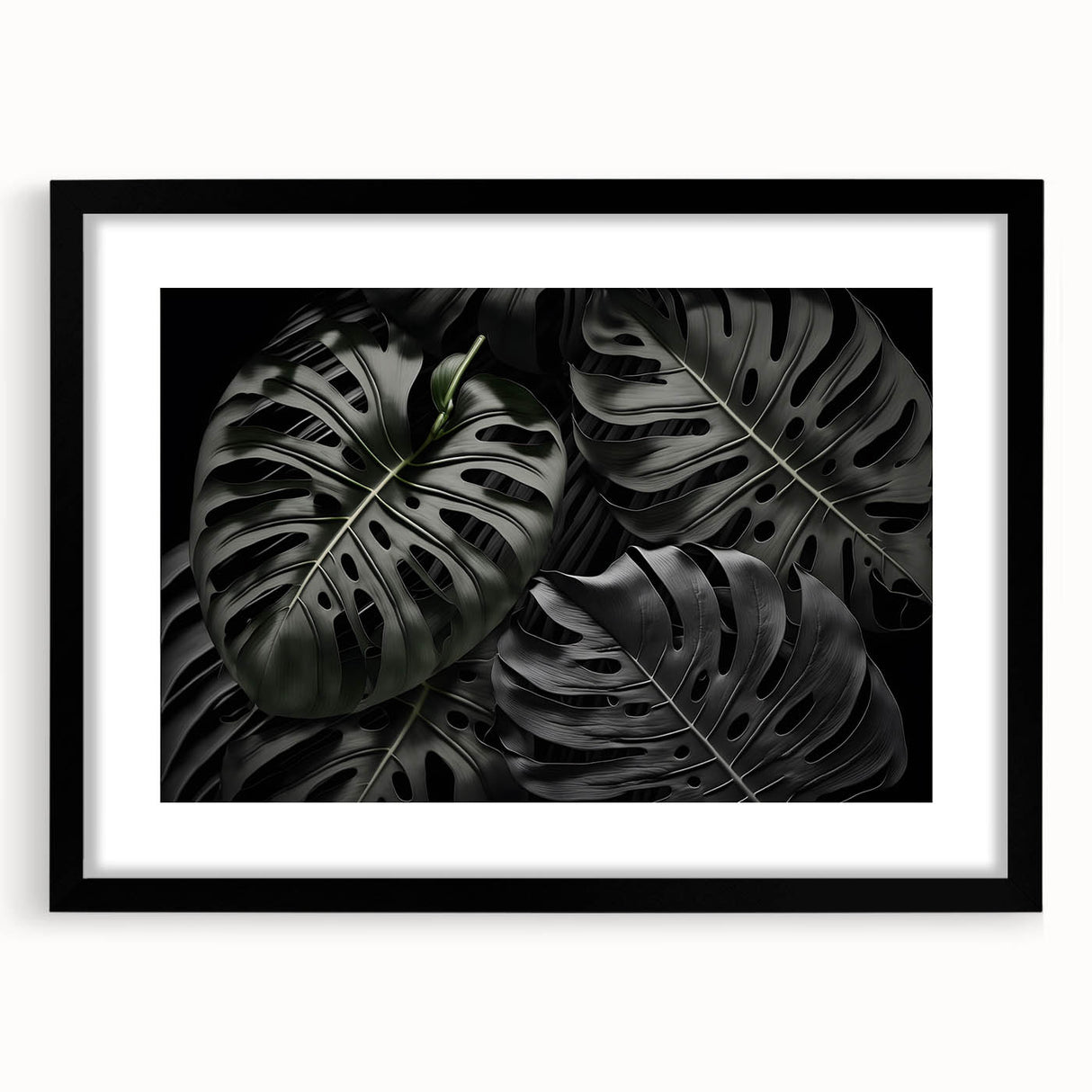 Framed botanical wall art featuring a Monstera plant design set against a black background, highlighting vibrant green leaves in a modern aesthetic. Perfect for home decor.