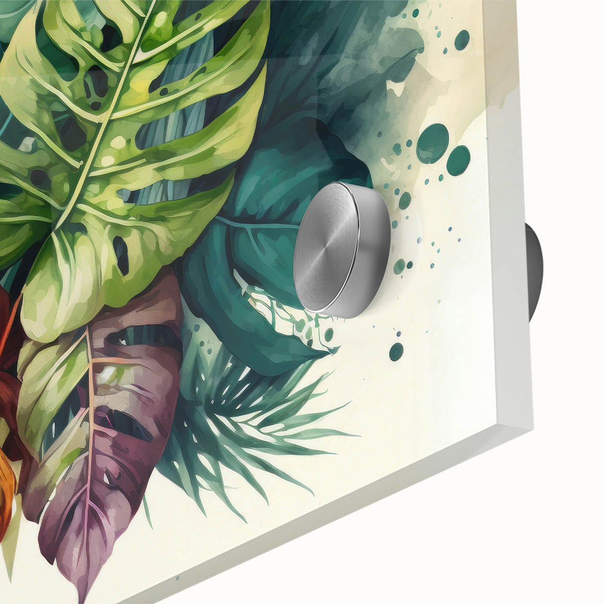 Close-up of a vibrant botanical wall art collection showcasing a Monstera leaf design, printed on acrylic glass with rich green hues, perfect for modern home decor.