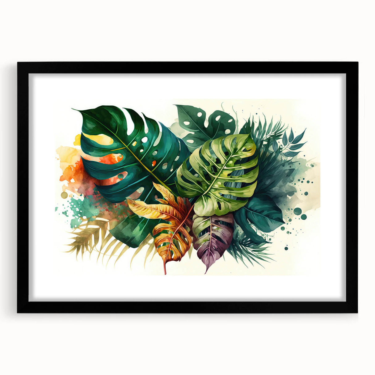 Botanical wall art featuring a vibrant Monstera leaf design, framed in black with a white mat, perfect for modern home decor. Ideal for plant lovers and interior design enthusiasts.