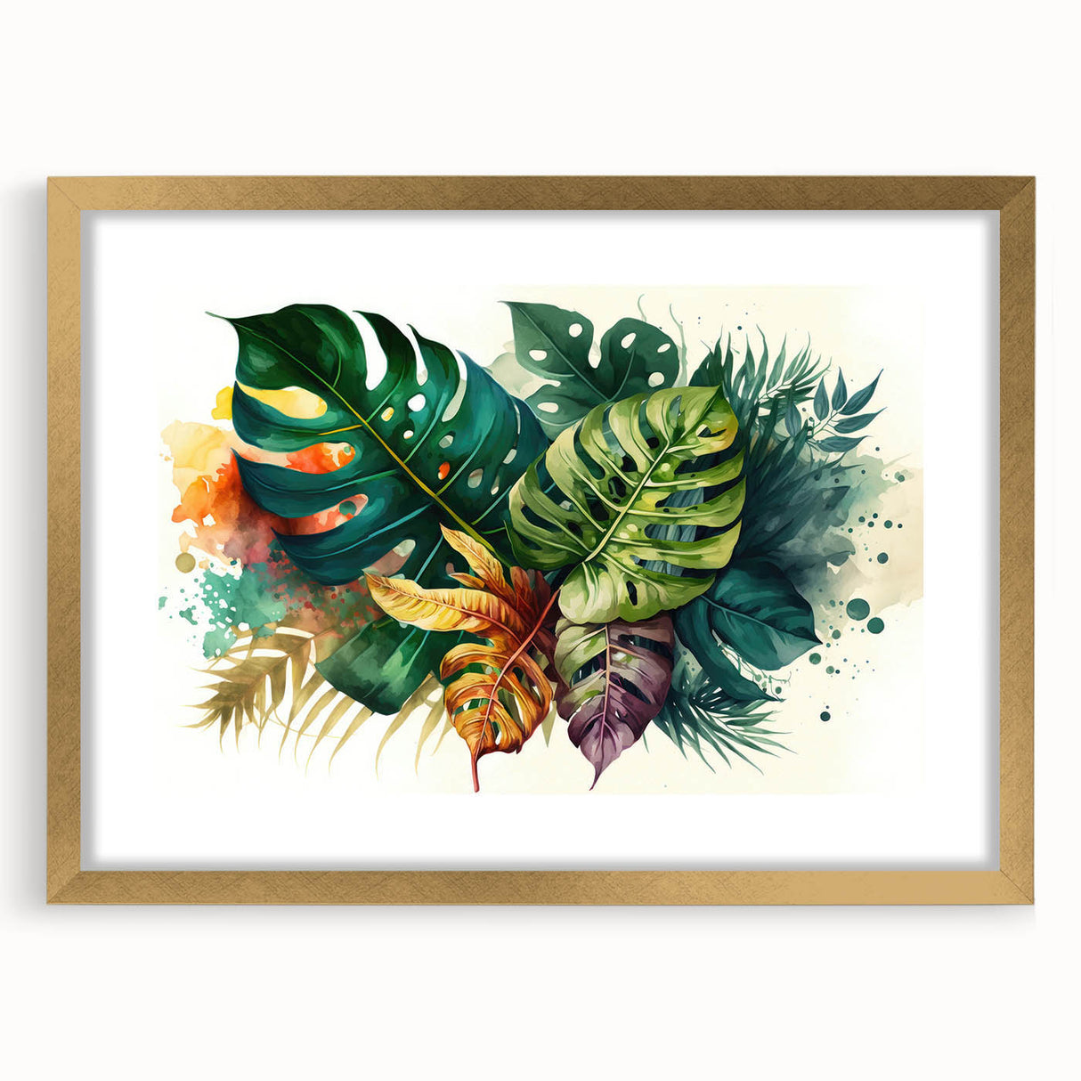 Framed botanical wall art featuring a Monstera leaf design in vibrant green tones, surrounded by a gold mat and frame, perfect for home decor enhancement.