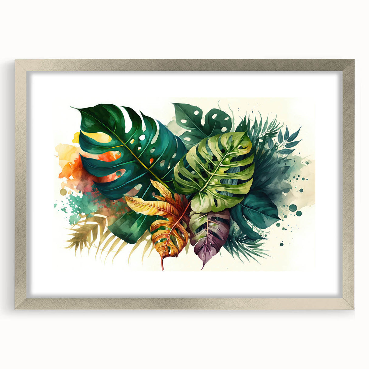 Botanical wall art featuring a Monstera plant design in a silver frame with matting, showcasing vibrant green leaves against a neutral background, perfect for home decor.